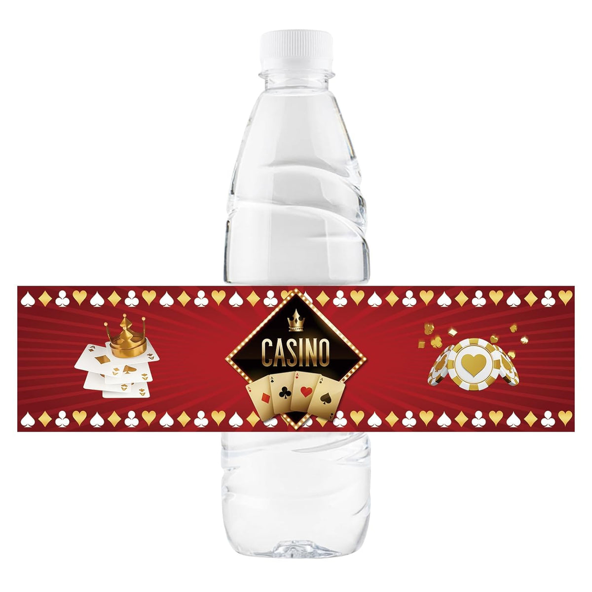 32 Pcs Casino Night Party Water Bottle Labels, Poker Card Birthday Water Bottle Labels, Las Vegas Party Bottle Wrappers, Casino Game Themed Birthday Party Decorations - Red Glitter