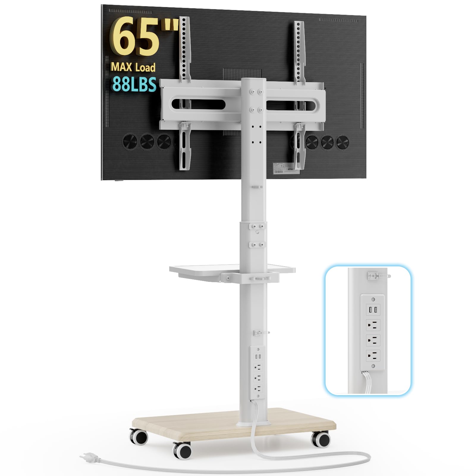 Mobile TV Stand with Power Outlets&Shelf, Floor Portable TV Stand with Wheels for 27-65Inch LCD LED OLED Flat/Curved Panel Screen, Swivel,Height