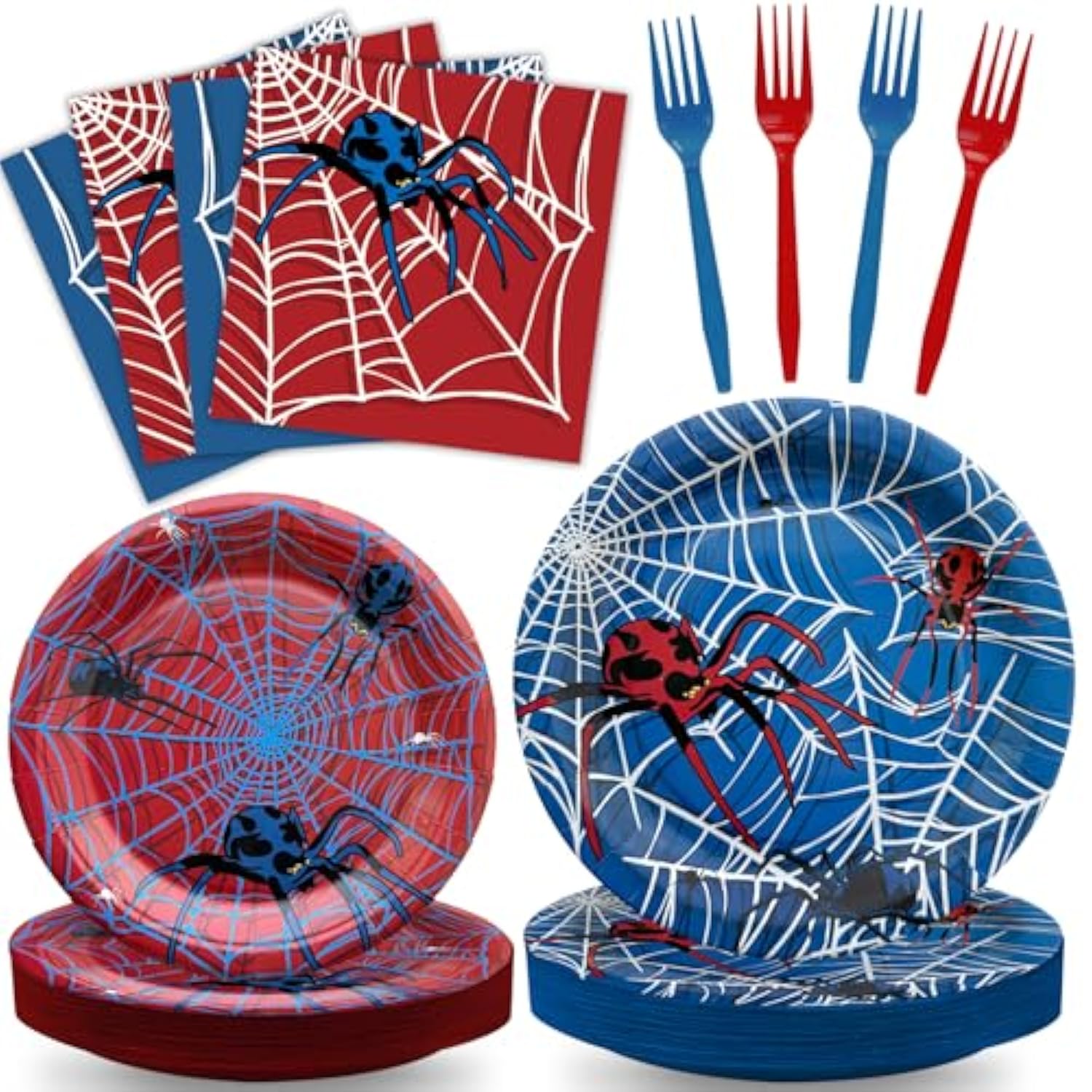 96 Pcs Spider Party Supplies Disposable Tableware Set Serve 24 Guests Include Spider Web Paper Plates And Napkins Plastic Forks For Birthday Party Baby Shower Halloween Decorations(Classic)