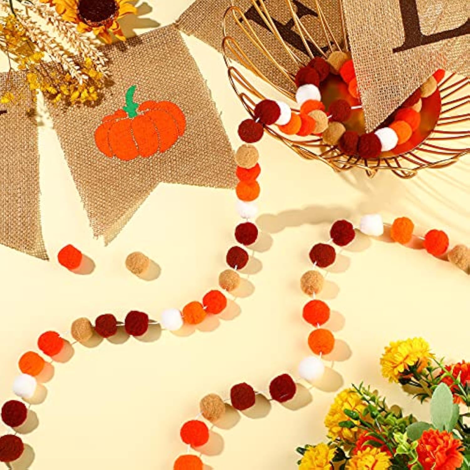 Happy Fall Burlap Banner With 3 Pieces Fall Pom Pom Garland Wool Felt Ball Garland Thanksgiving Decoration For Harvest Time Autumn Theme Party Thanksgiving Supplies