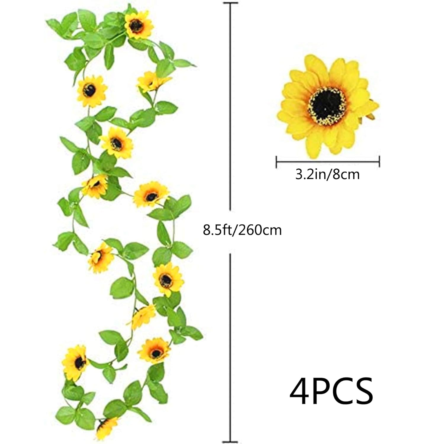 4 Packs 8.5Ft/Pcs Artificial Sunflower Garland Silk Sunflower Vine Yellow Flower Green Leaves Outdoor Fake Hanging Plants Hang Garland Porch Patio Home Garden Christmas Party Wedding Decor