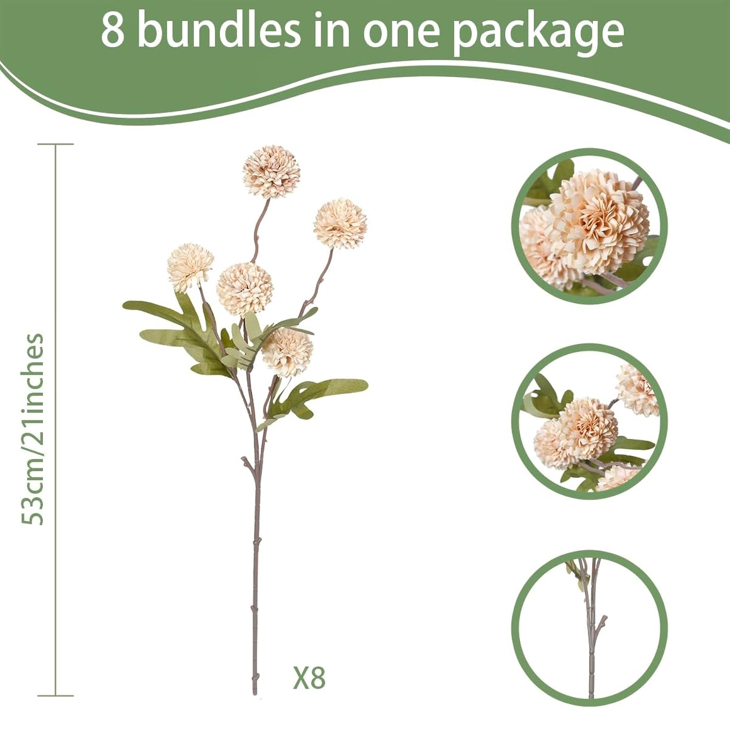 8 Pcs Long Stem Artificial Flowers Decoration, Beige Tan Fake Pom Pom Kiku Flower, Mini Faux Chrysanthemums For Floral Arrangemengts, Small Silk Florals Decor, Tall Vase Flower Filler