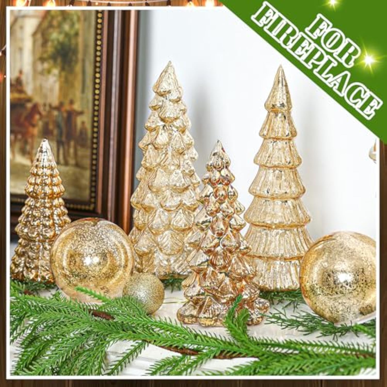 6 Pcs Gold Mercury Glass Christmas Tree For Tabletop Light Up Figurine Christmas Tree Mercury Cracked Glass Globe With Light For Xmas Decor Home Party Centerpiece Mantel Gift