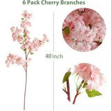 6Pcs Cherry Blossom Branches, Artificial Fake Flowers Stems Silk Tall Flower Arrangement Cherry Blossom Decor For Home Wedding Centerpieces Decoration(Pink)