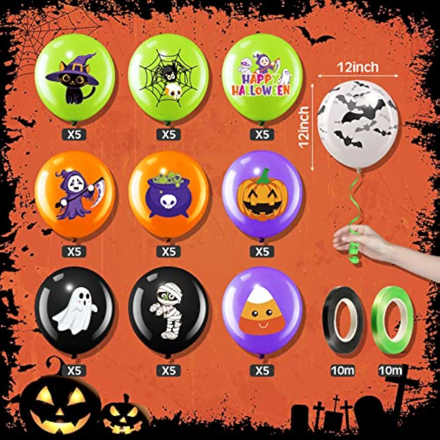 50PCS Halloween Balloons Decor Pumpkin Spider Latex Balloons for Boo Baby Shower Party
