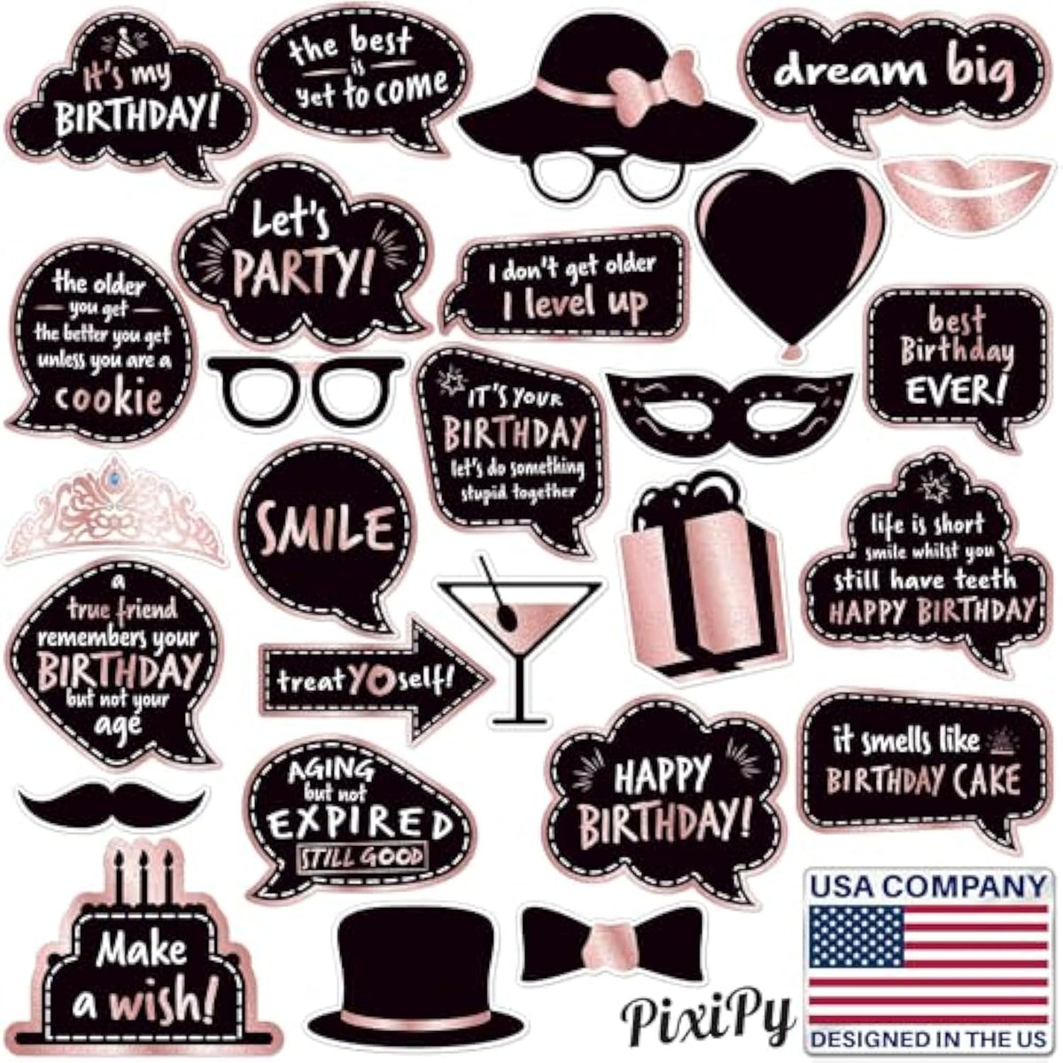 Premium Birthday Photo Booth Props Kit, 27 Rose Gold Party Decorations (No Glitter), Durable & Easy-To-Use Photobooth Props Signs For Memorable Photos & Unforgettable Celebrations By