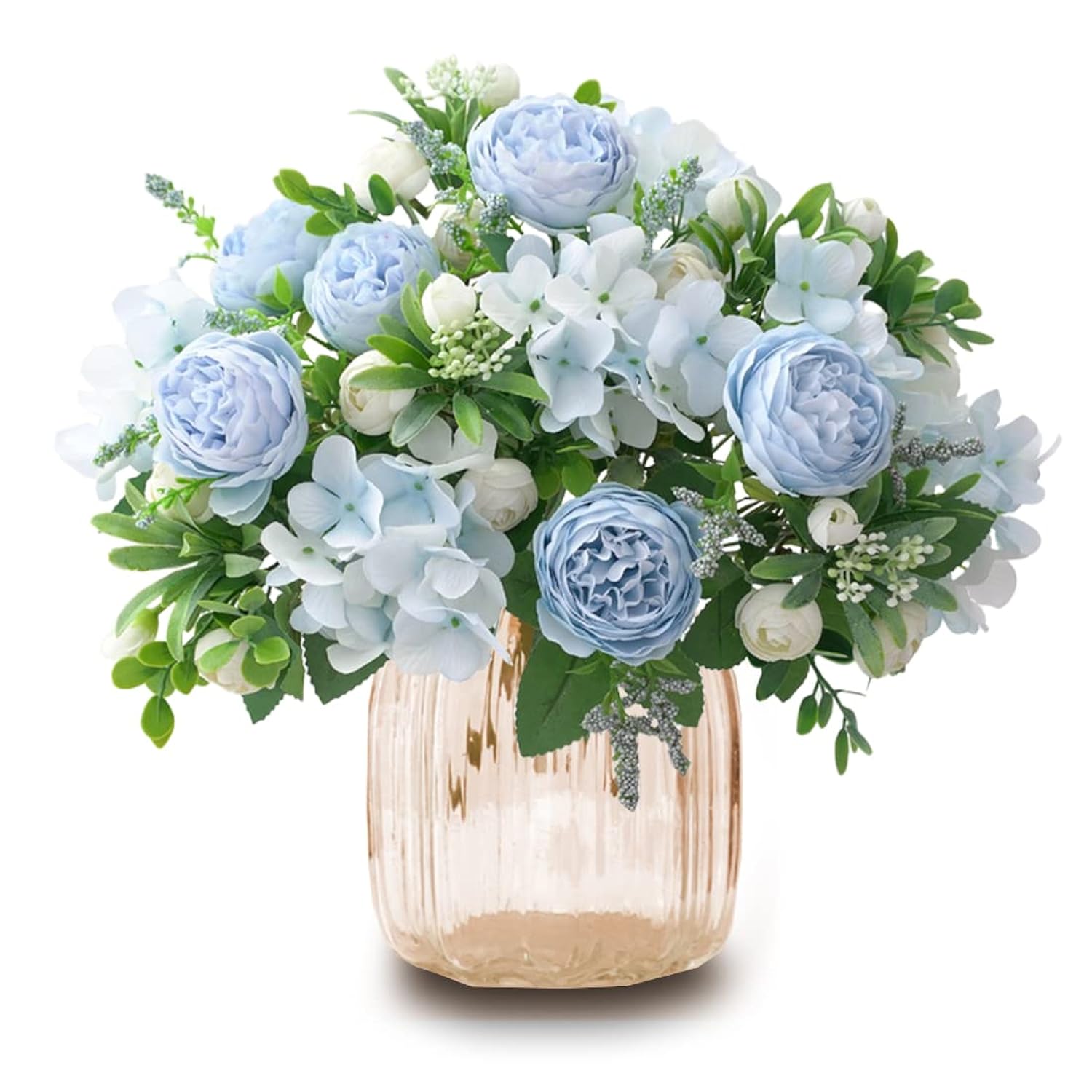 Artificial Peonies Fake Flowers, White Pink Silk Peony Bouquet 4 Bundles With Eucalyptus Leaves For Farmhouse Home Boho Wedding Table Centerpiece Decoration (Blue)