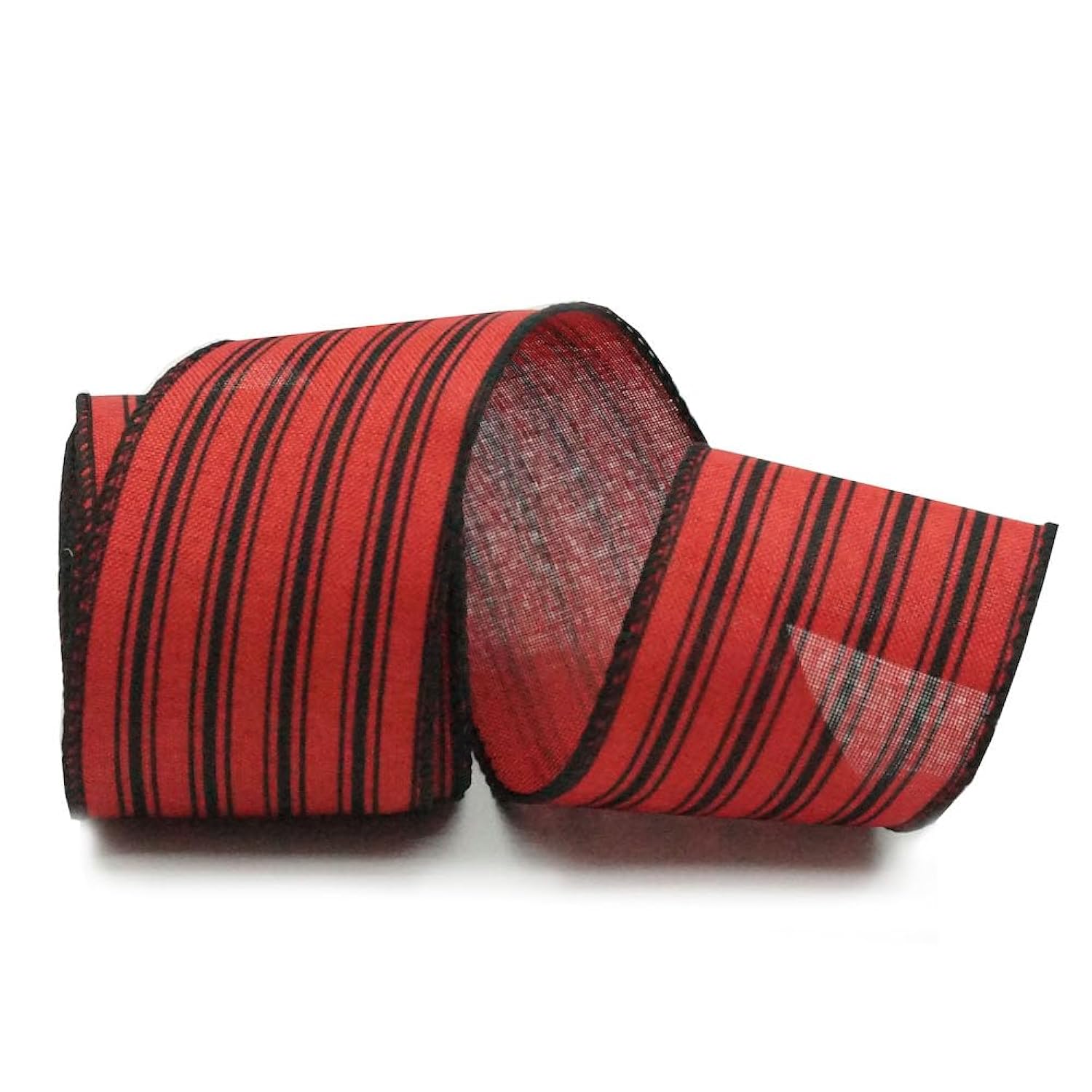Classic Red And Black Striped Wired Ribbon, Burlap Wired Edge Ribbon For Wreath, 2.5' X 10 Yards Ticking Stripe Ribbon, Diy Craft And Gift Wrapping, Christmas Ribbon, Red&Black