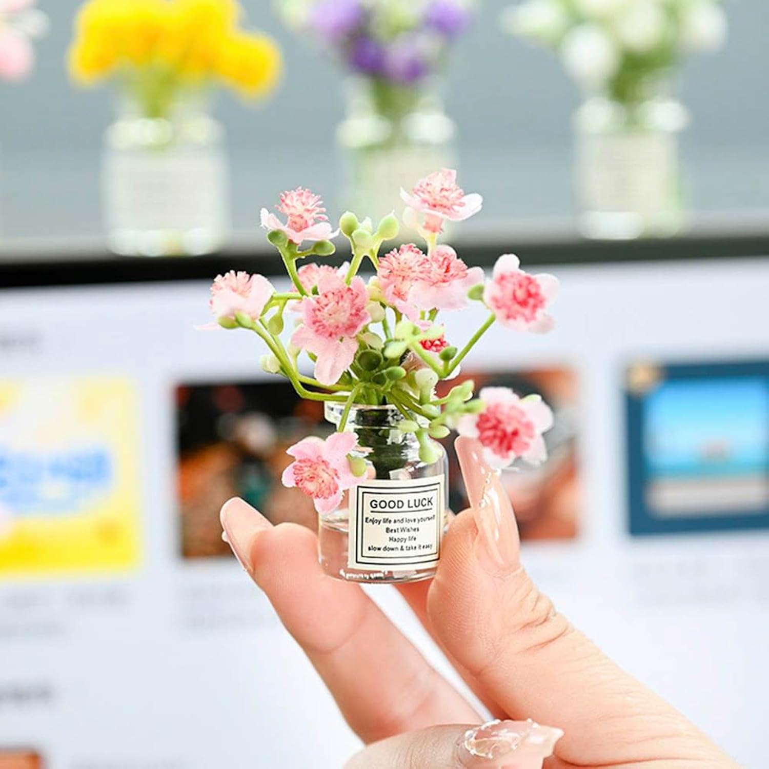 Set Of 4 Cute Mini Rose Flower Vase Car Dashboard Decorations Self-Adhesive Mini Vase With Artificial Flowers Ornaments Car Interior Accessories,Jasmine+Cherry Blossom+Rose+Lavender