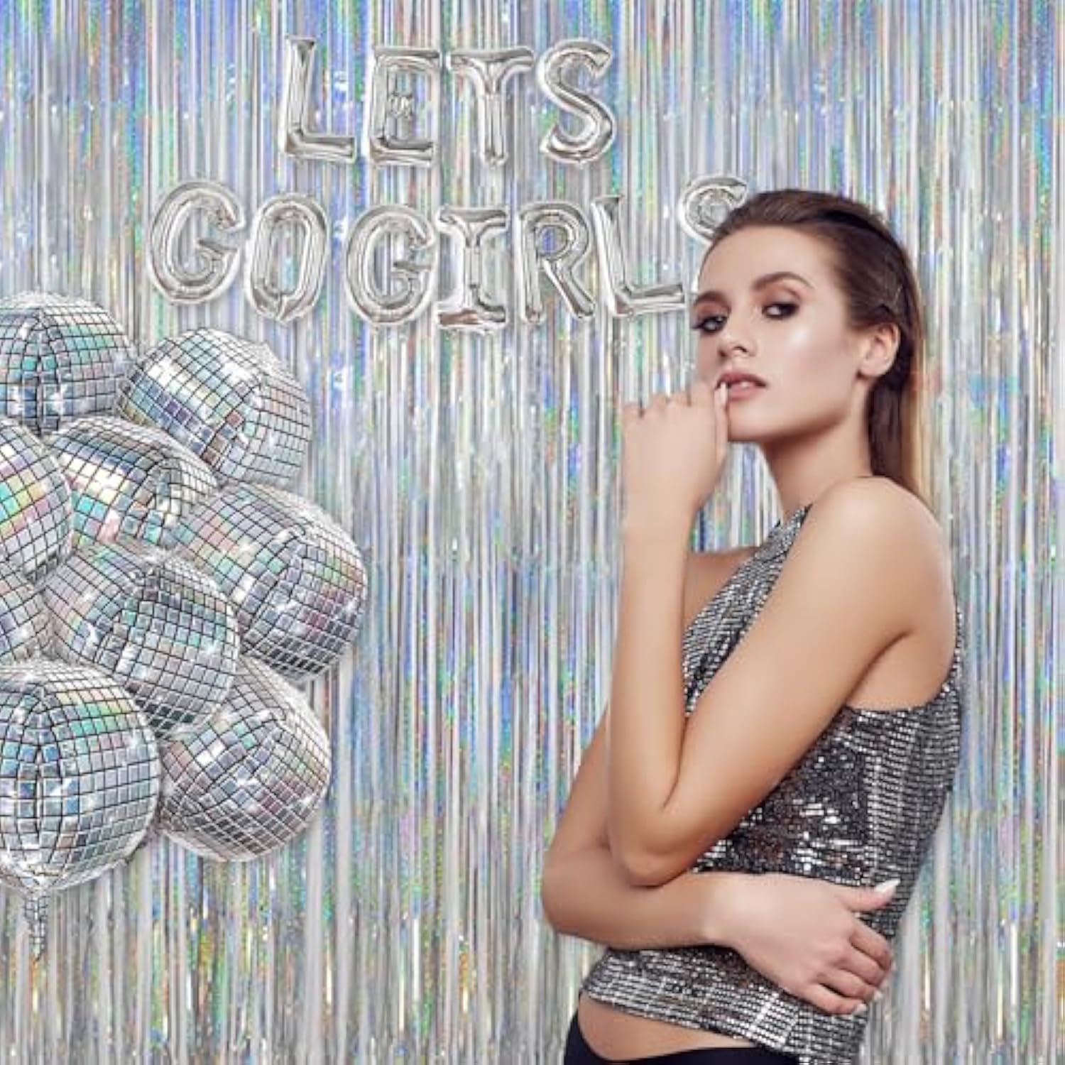 Christmas Party Foil Curtain 2 Pack 3.2x8ft Silver Tinsel Backdrop