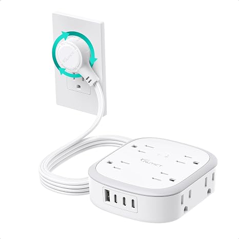 360° Rotating Flat Plug Surge Protector Power Strip 8 Outlets 4 USB Ports 3 USB C 6FT White