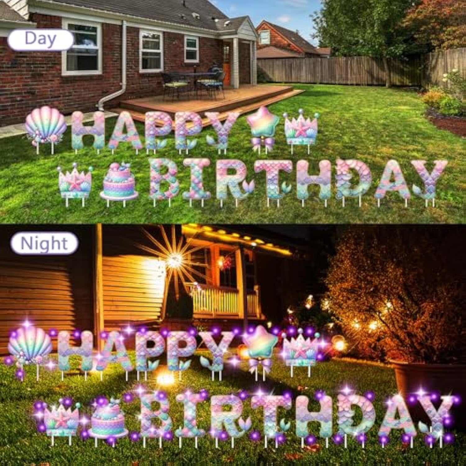 Happy Birthday Yard Sign With Led Lights, Mermaid Birthday Yard Signs Outdoor, 18 Pcs Large 16? Lawn Signs With Stakes, Weatherproof Birthday Party Decorations For Yard & Garden