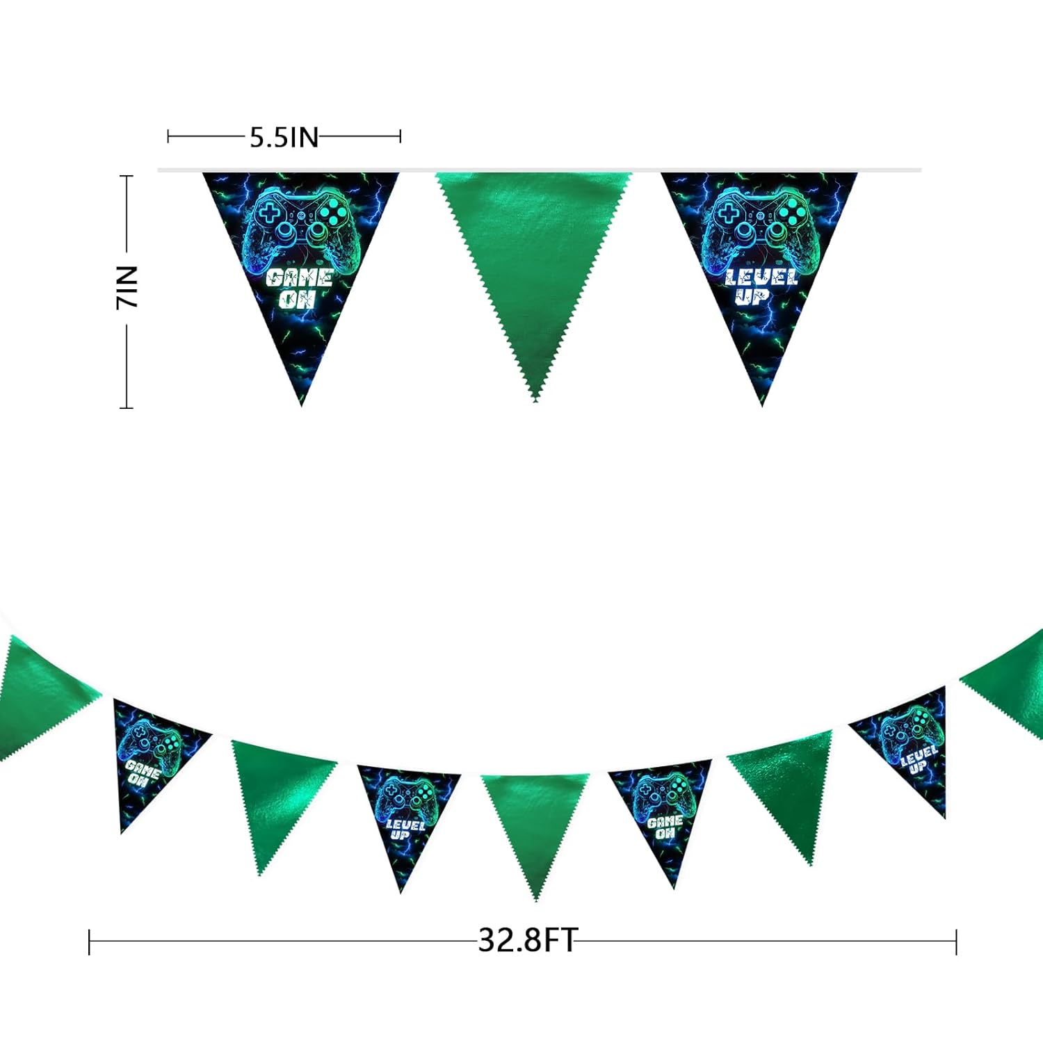 32Ft Video Game On Party Decorations Metallic Green Blue Black Gaming Fabric Pennant Banner Triangle Flag Garland Streamer For Gamer Birthday Video Game Baby Shower Outdoor Gaming Party Supplies