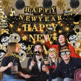 54pcs Black Gold Happy New Year 2026 Party Decor Kit with Banner and Balloons