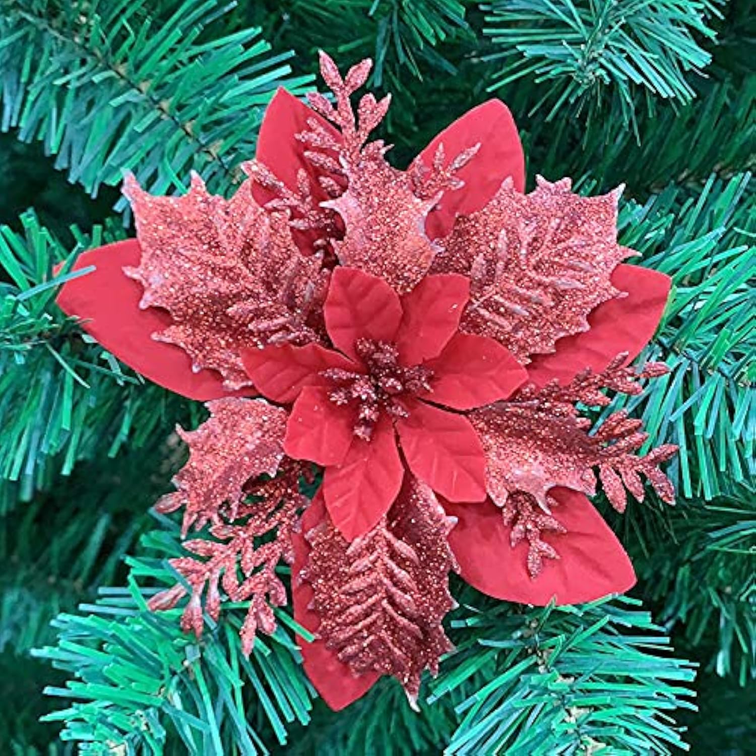 Sparkling Christmas Flowers - Artificial Poinsettia Tree Decor Set Of 10 - Festive Holiday Floral Ornaments (Wine Red)