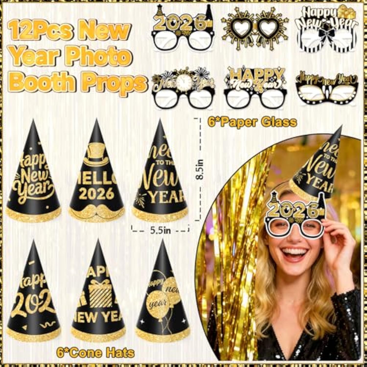 Black Gold New Year 2026 Party Set with Banner, Hats, Glasses & Balloons