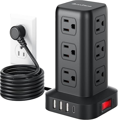 12 Outlet Power Strip Tower 4 USB Ports 1 USB C 6.5FT Cord