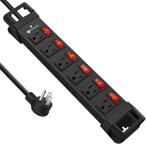 Heavy Duty Power Strip 1200J Surge Protector 14AWG 6FT Cord Individual Switches Black