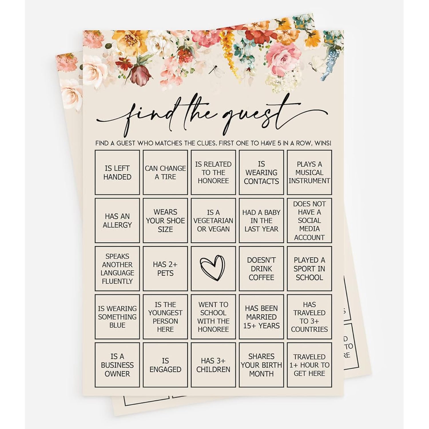 50 Find The Guest Bingo Game (50-Cards) Fun Baby Shower Game Activity, Bridal Shower, Wedding Decorations, Rehearsal Dinner, Engagement Party, Wildflower, Boho, Girl