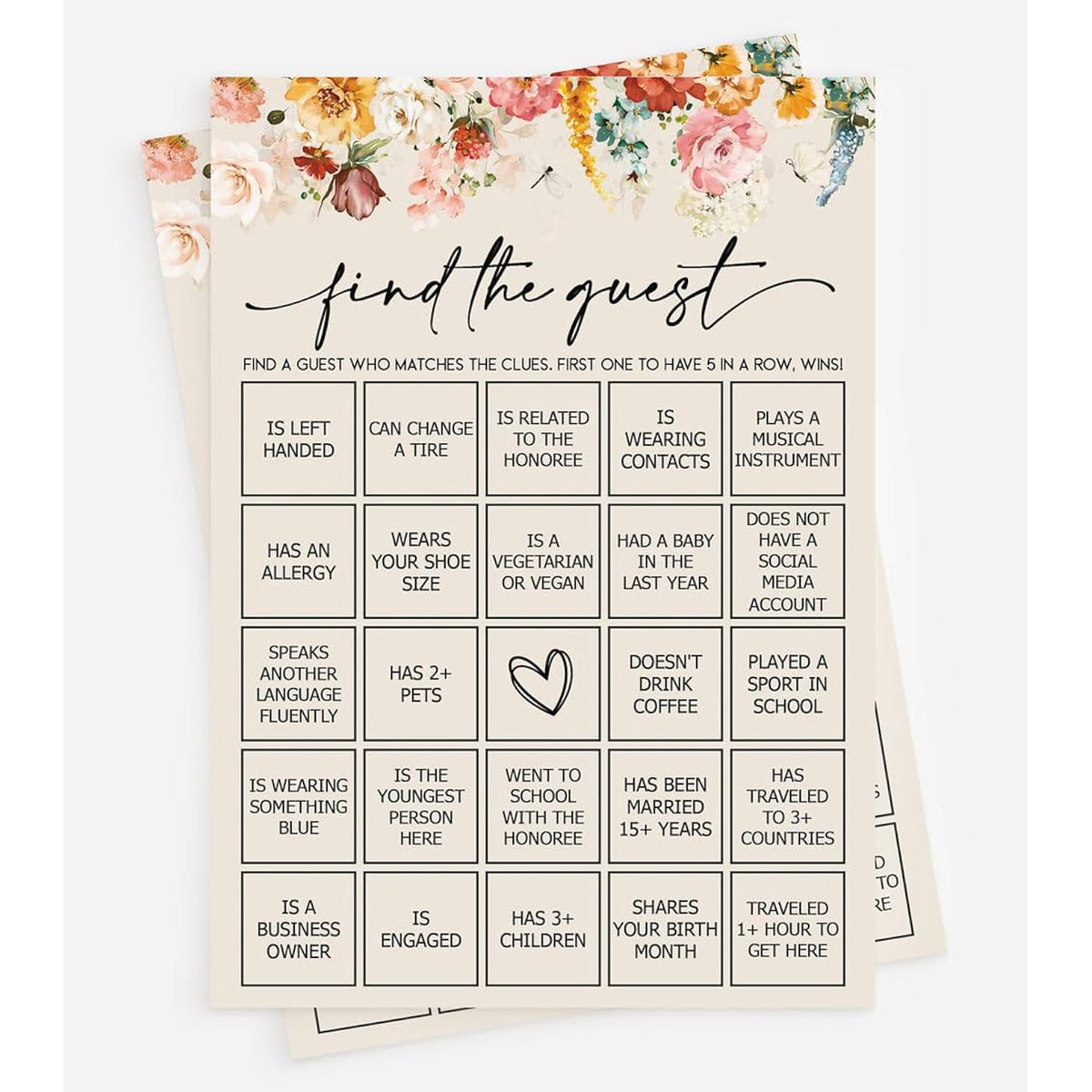 50 Find The Guest Bingo Game (50-Cards) Fun Baby Shower Game Activity, Bridal Shower, Wedding Decorations, Rehearsal Dinner, Engagement Party, Wildflower, Boho, Girl