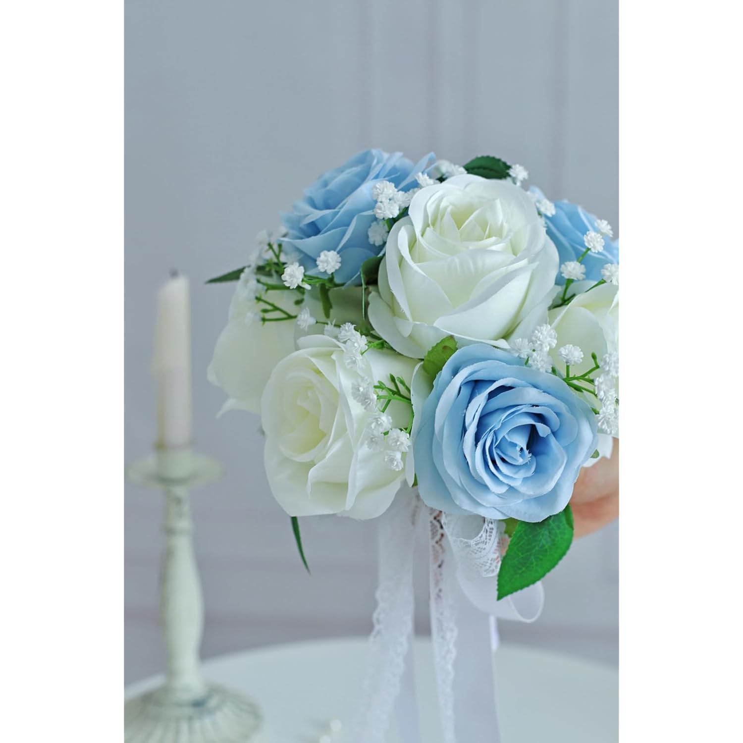Dusty Blue Wedding Bouquets For Bride Bridesmaid, 7 Inch Baby'S Breath Ivory Artificial Roses Flowers Bridal Bouquets For Wedding Decor, Ceremony, Anniversary, Homecoming, Etc.