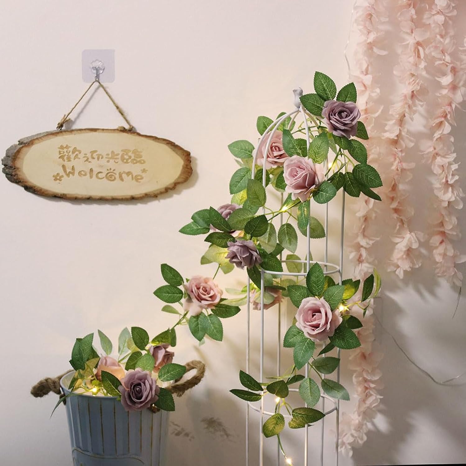 6Ft Artificial Flower String Lights Battery Operated Rose Floral Garland With 20 Led Fairy Lights,Silk Hanging Pink Rose Flower Vines For Wedding Party Garden Home Table Wall Decor (Purple)