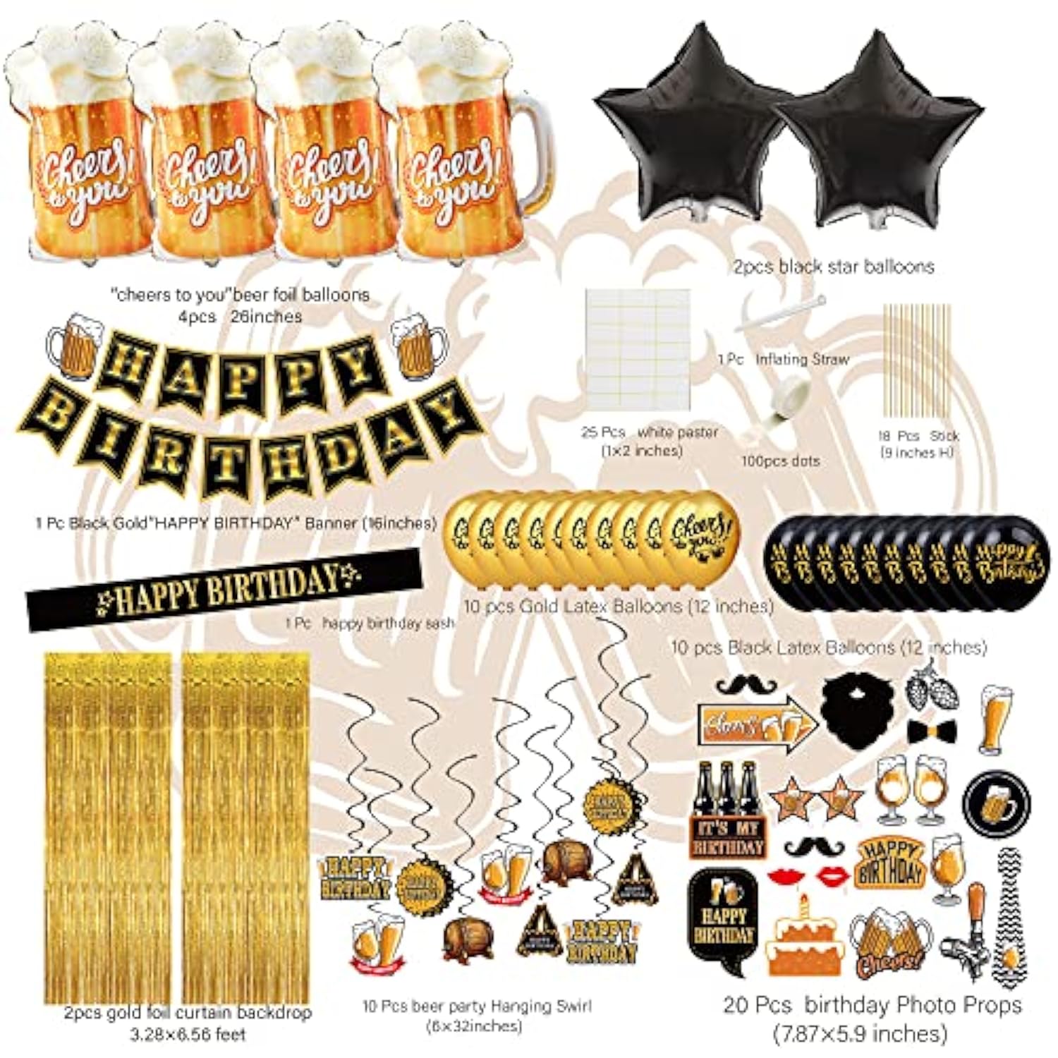 Black And Gold Party Decorations For Men And Women: Happy Birthday Banner, Fringe Curtains, "Cheers To You" Foil Balloons, Hanging Swirls, Photo Props, Birthday Sash