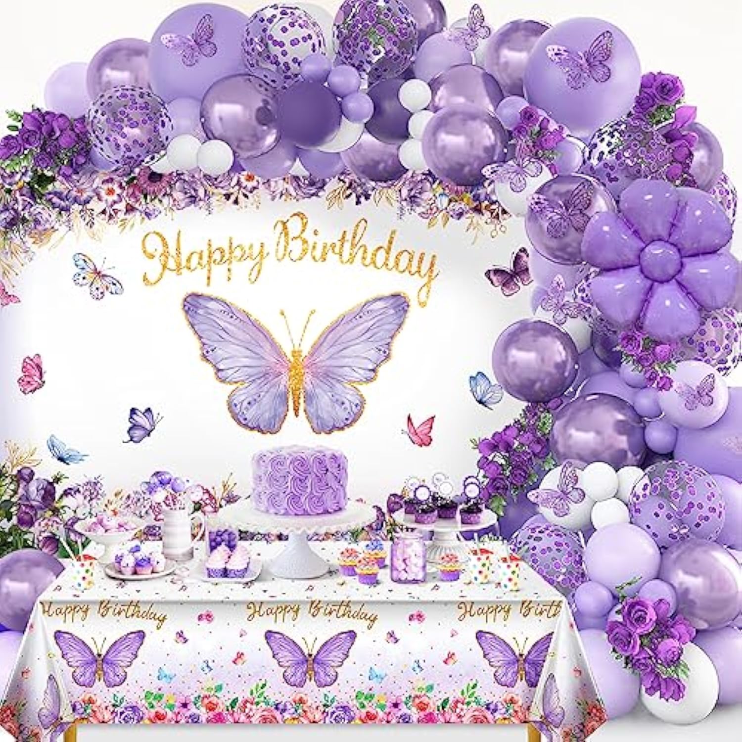 90pcs Butterfly Party Kit with Balloon Arch, Backdrop, Banner & Tablecloth