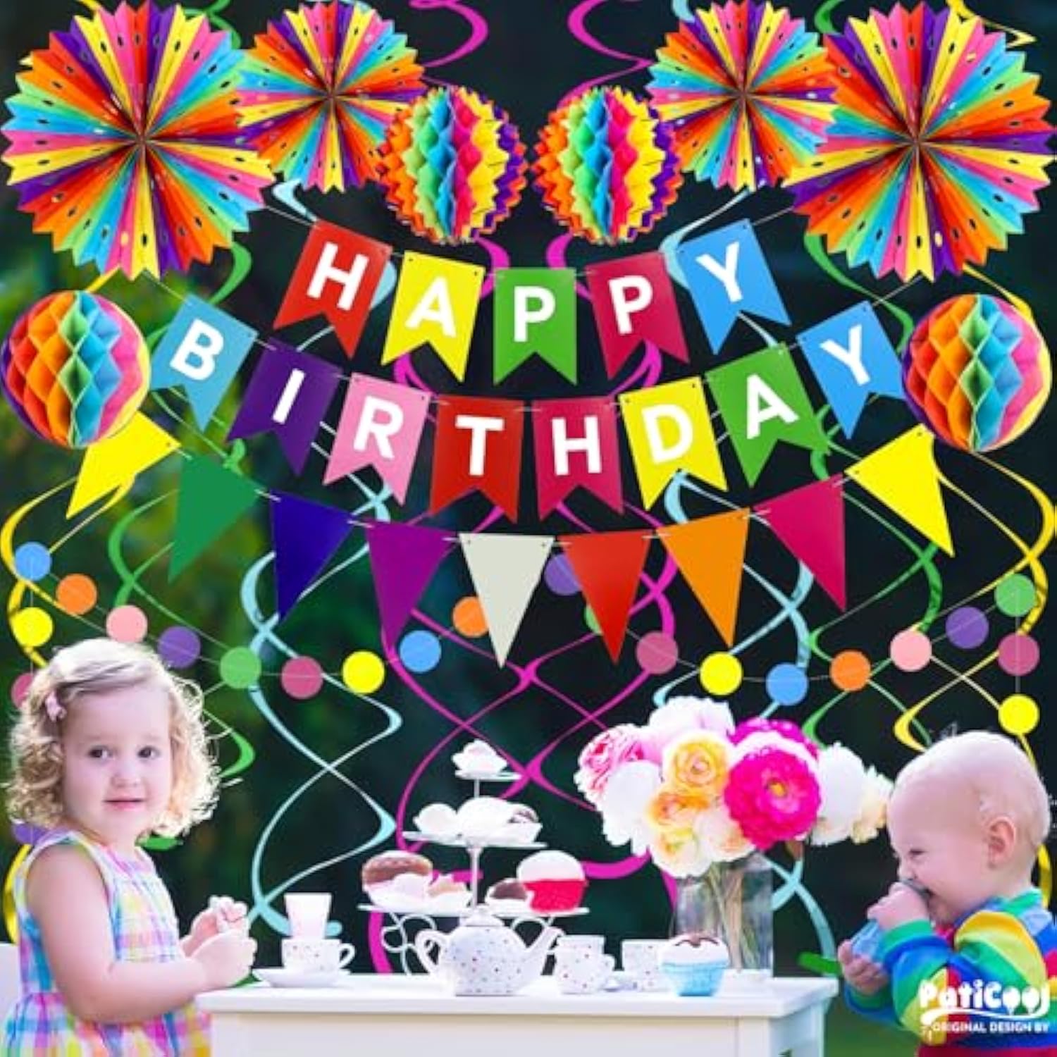 19pcs Rainbow Birthday Decor Set with Banner, Honeycomb Balls, Fans & Swirls