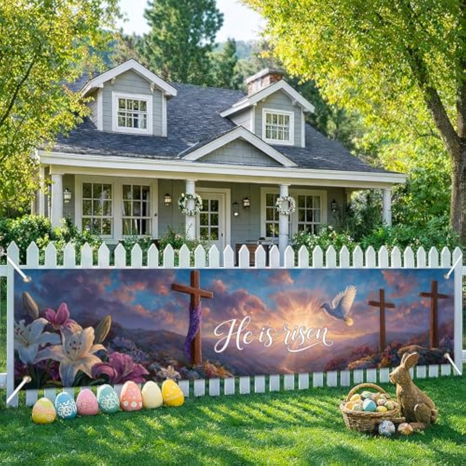 He Is Risen Easter Banner Christian Resurrection Spring Decor 78 X 17 Inch Religious Cross Scene Banner For Church Yard Fence Door Wall Indoor Outdoor Easter Faith Celebration Display