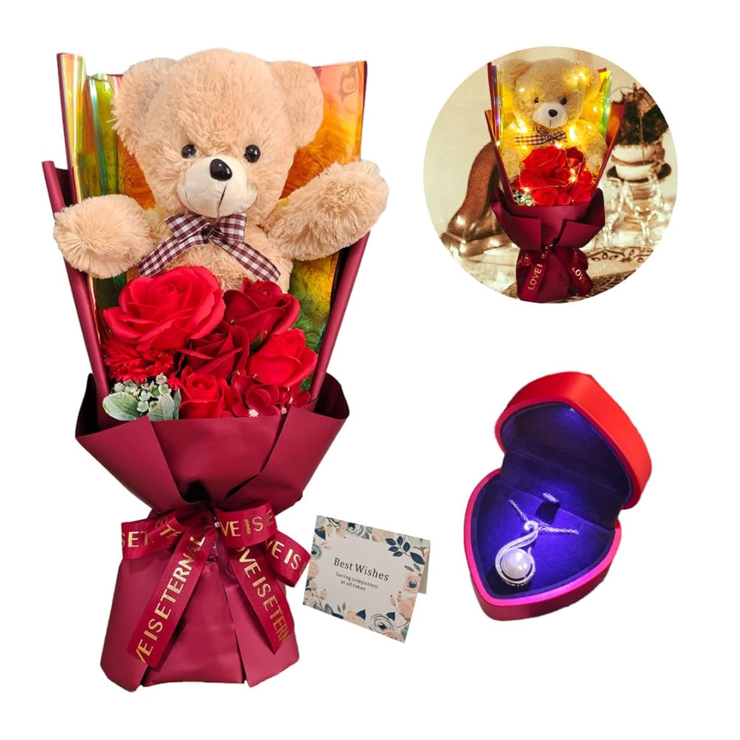 Preserved Rose Bouquet Flowers With Teddy Bear - Red Roses Artificial Flowers With Pearl Necklace For Her - Love Gift Mother'S Day,Valentine'S Day,Birthday (Red)