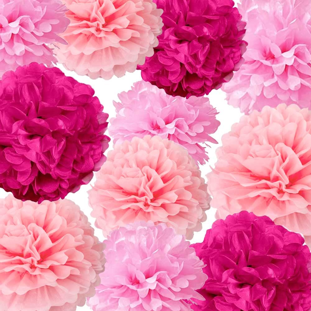 Pink Tissue Paper Pom Poms Decorations 10 inch and 12 inch,12 Piece Set for Bachelorette Party or Baby Shower Girls Birthday Party Decor
