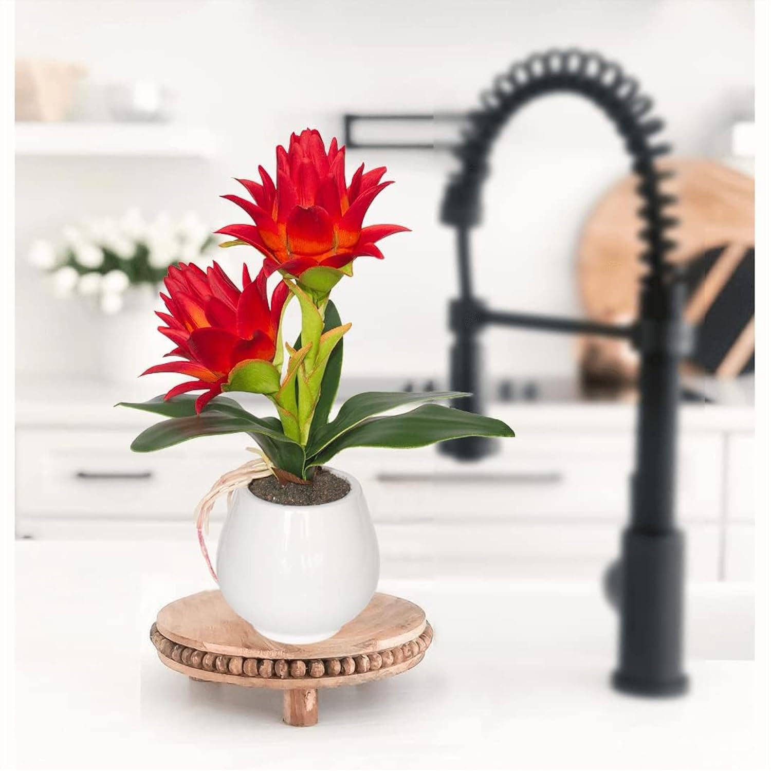 Red Potted Bromeliad - Artificial Flowers With Vase For Home And Office Decor, Aesthetic Faux Tropical Plant Bonsai, 13.4 Inch