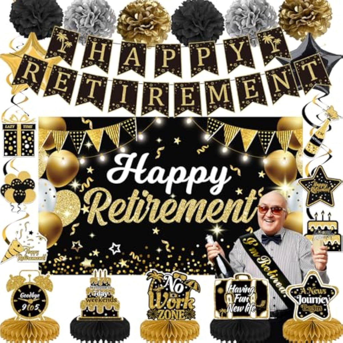 22Pcs Happy Retirement Party Decorations For Men And Women- Black And Gold Banner, Backdrop Card, Sash, Hanging Swirls, Foil Balloons, Honeycomb Centerpieces