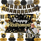 22Pcs Happy Retirement Party Decorations For Men And Women- Black And Gold Banner, Backdrop Card, Sash, Hanging Swirls, Foil Balloons, Honeycomb Centerpieces