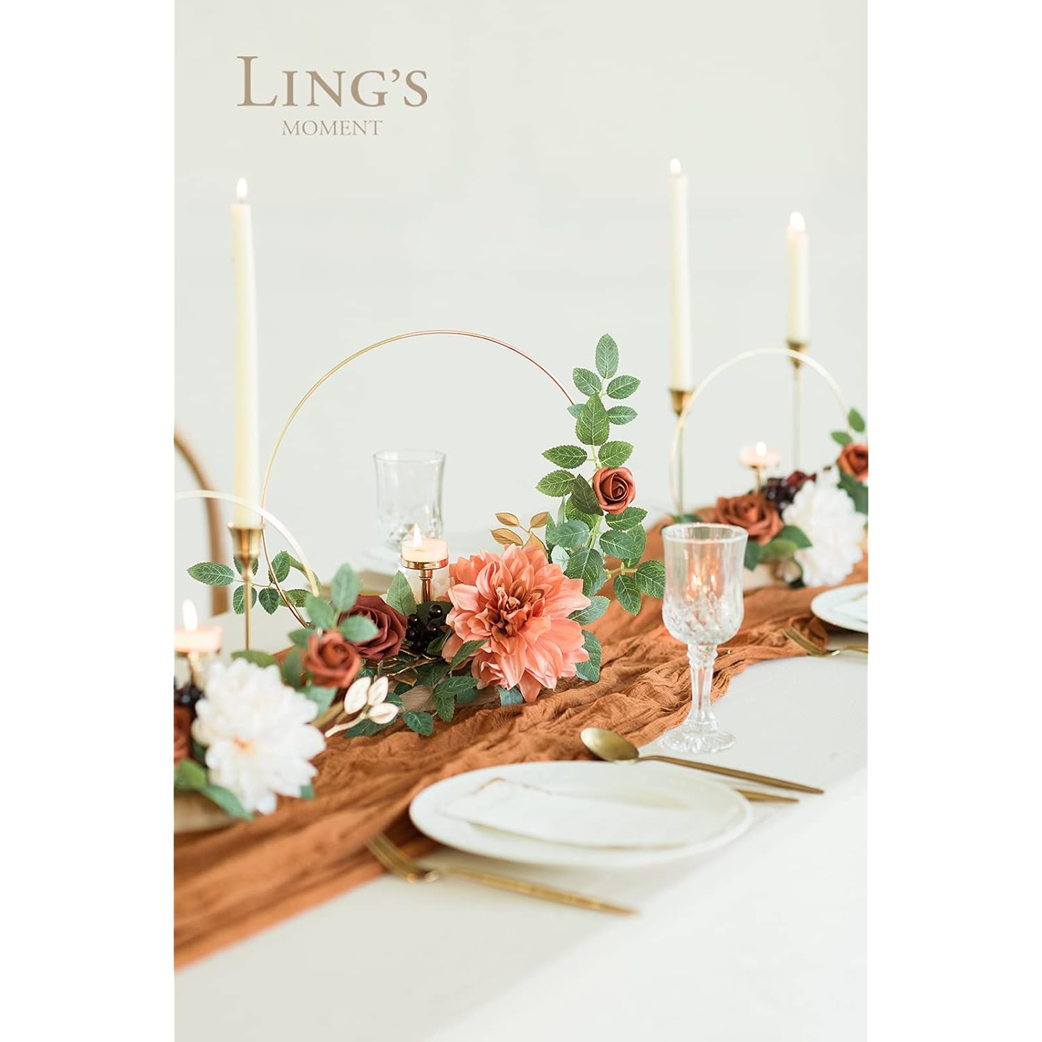 Candle Holder Hoop Terracotta Wreath Floral Centerpieces For Sweetheart Table, Head Table, Ceremony Reception Artificial Flowers Decorations Assembled(Set Of 3)