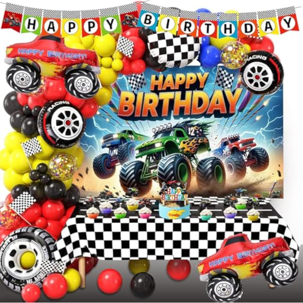 Monster Huge Truck Birthday Party Decorations Kit Including Truck Backdrop, Balloon Garland, Tablecloth, Cake Topper