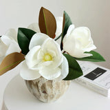 3Pcs Artificial Magnolia Flowers, Faux White Magnolia Real Touch Silk Flowers Large Flower Head Magnolia Bouquet For Home Office Wedding Holidays Party Decor