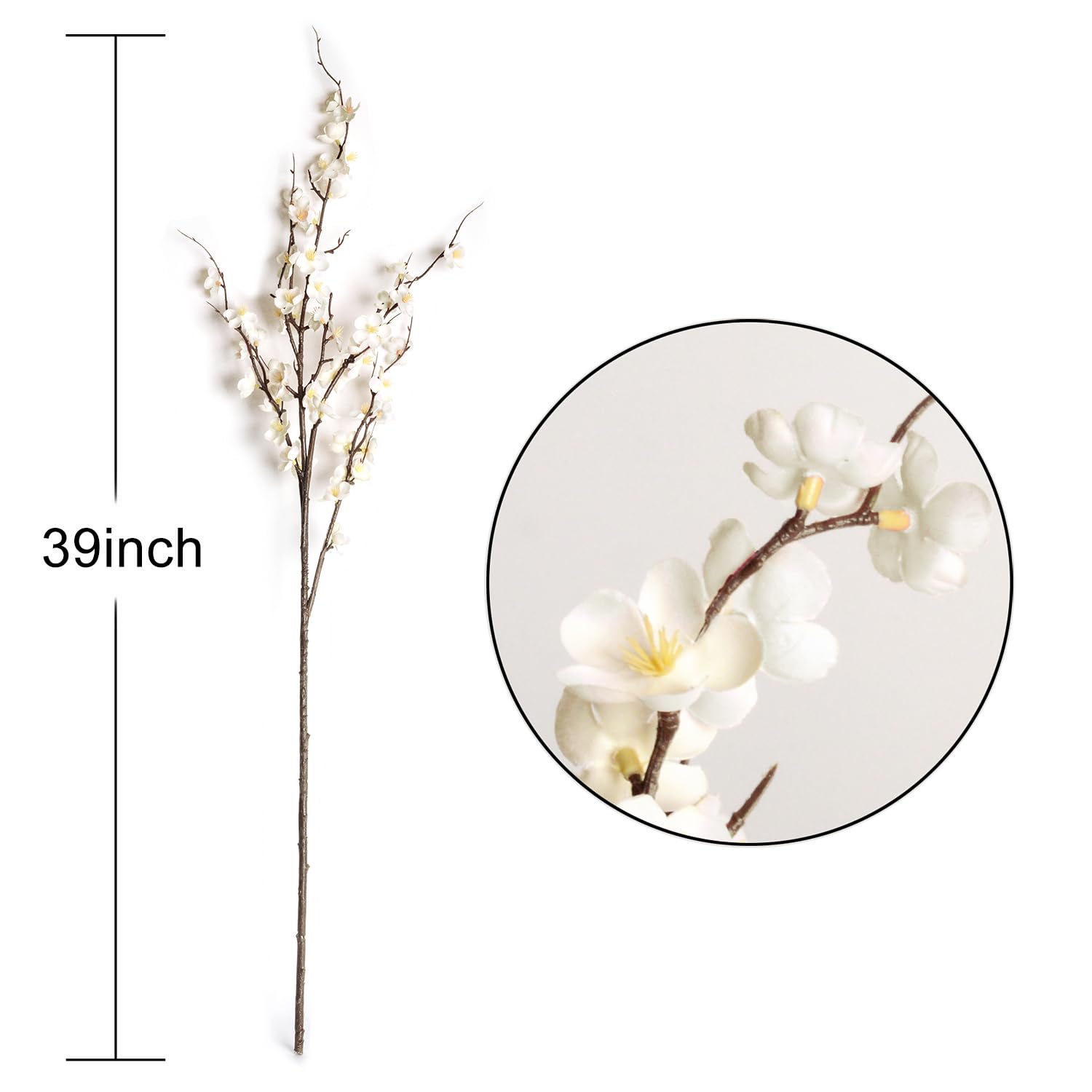 5Pcs Silk Cherry Blossom Branches 39'' Artificial Flowers Faux Cherry Blossom Stems For Vase Summer Spring Wedding Decor (5, White)
