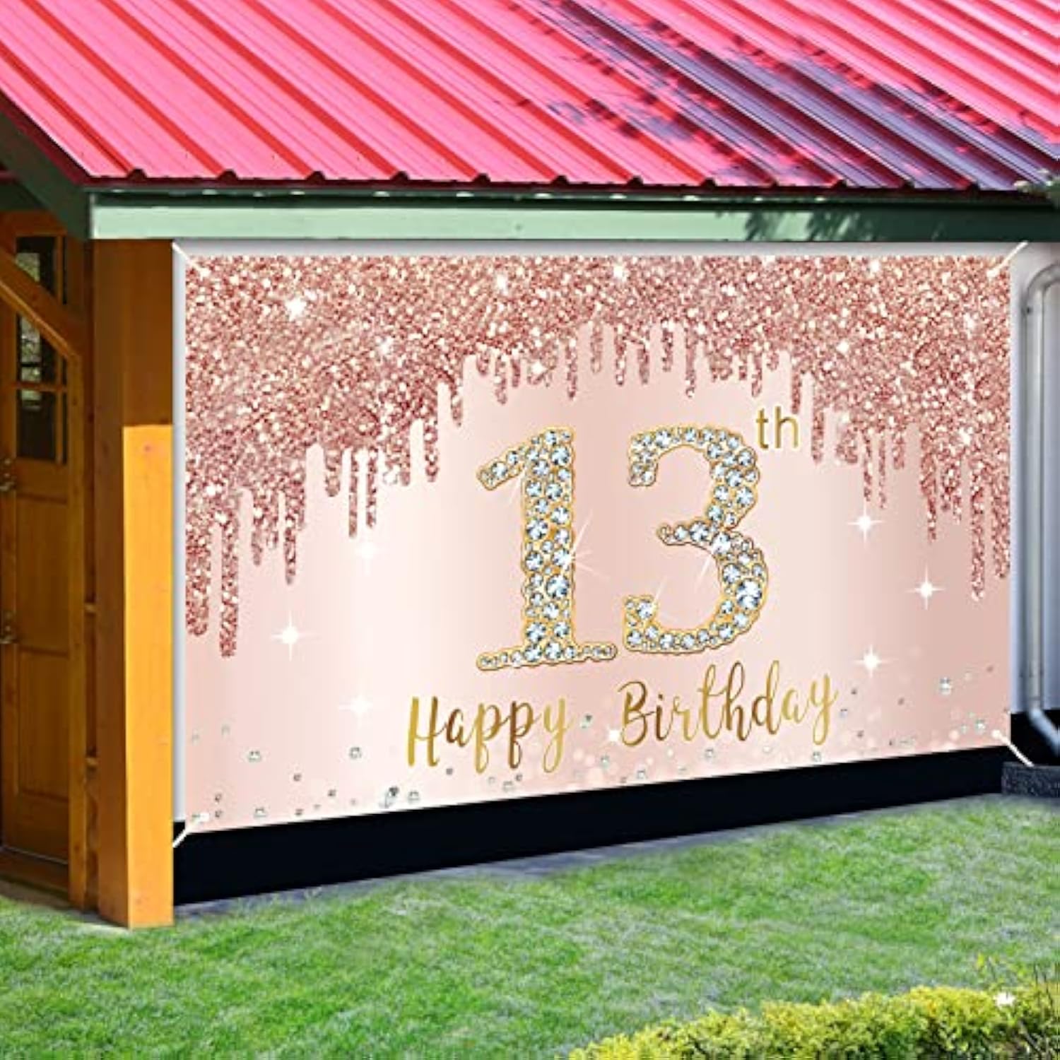 Happy 13th Birthday Banner Rose Gold & Pink Backdrop for Girls