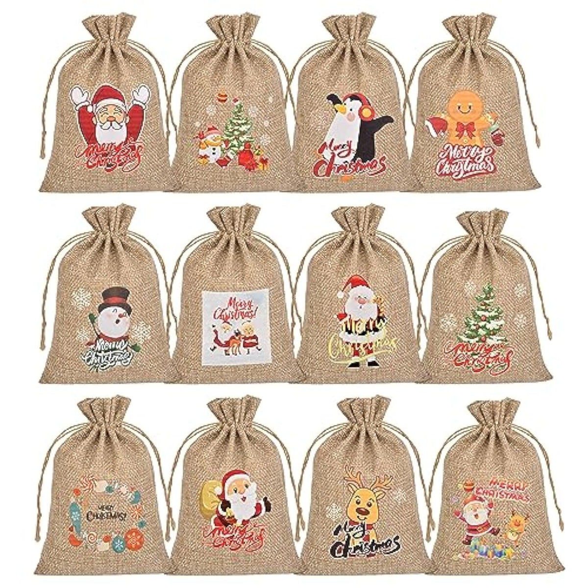 Christmas Small Burlap Bags With Drawstring, Burlap Gift Bags Christmas Linen Treat Sacks Gift Wrapping Bags Xmas Holiday Party Favors Bags(7X5 Inch, 24 Pcs)