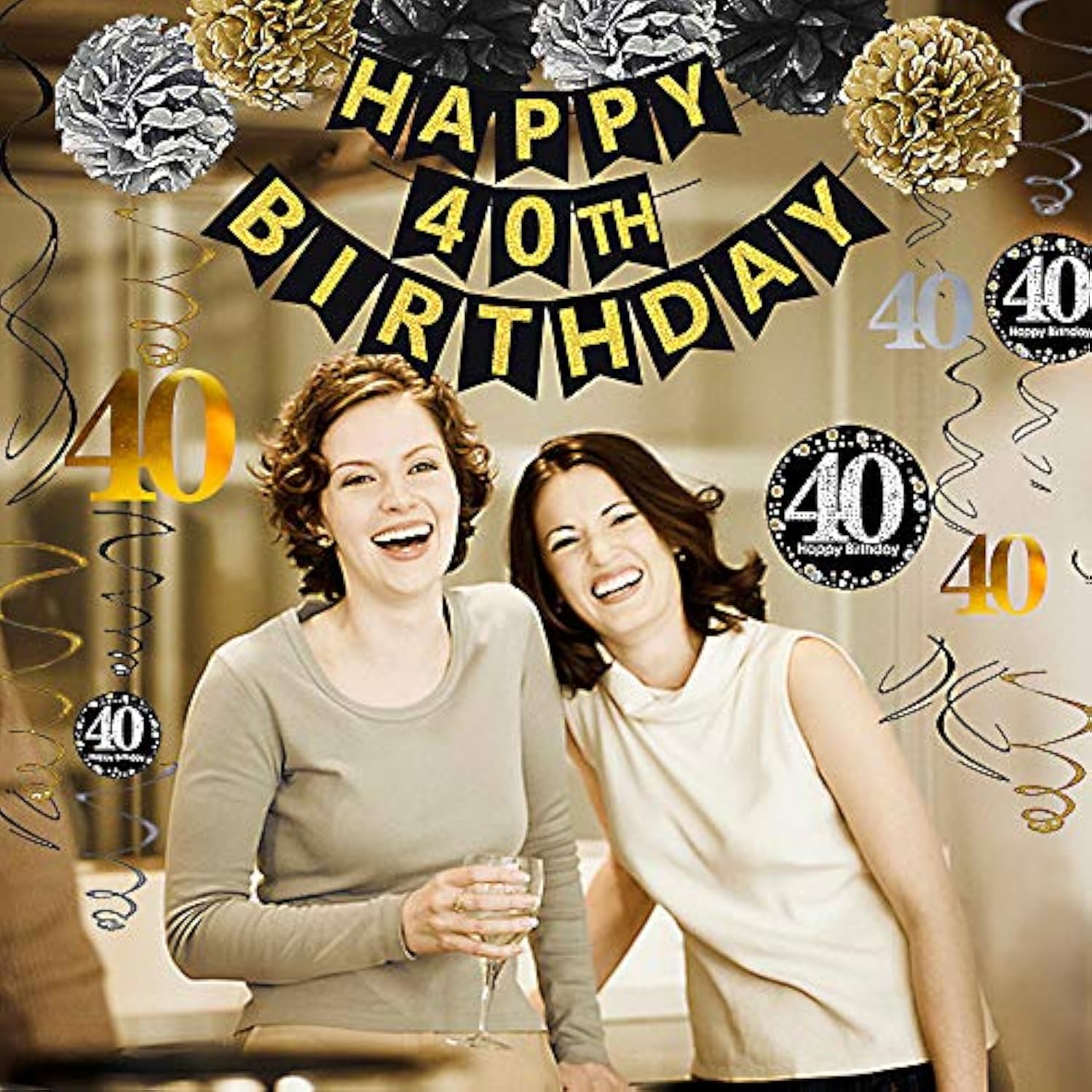 Black & Gold 40th Birthday Decoration Set – Glitter Banner, Poms and Hanging Swirls Party Kit
