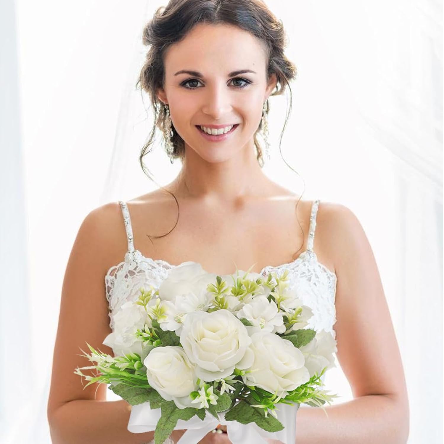 Wedding Bouquets For Bride Bridesmaid Bouquet Champagne White Artificial Roses Flowers For Wedding Valentine'S Day Church Home Decoration (White)…
