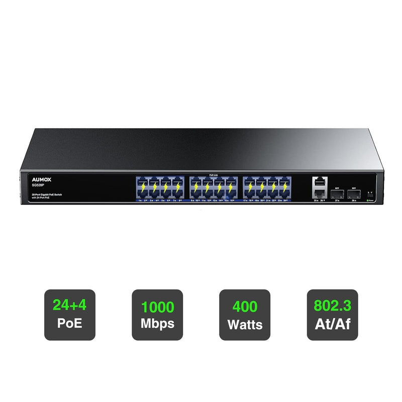 28-Port Gigabit Poe Switch With 24 X Poe 400W, 2 X Uplink Gigabit Ports, 2 X 1