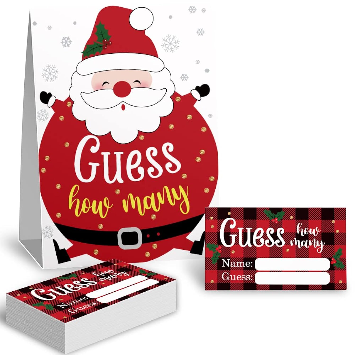 Guess How Many Christmas Theme Party Game Cards Kit (1 Standing Sign + 50 Guessing Cards), Funny Circular Santa Claus Theme Party Game Cards Festive Activity Party Raffle Insert Ticket