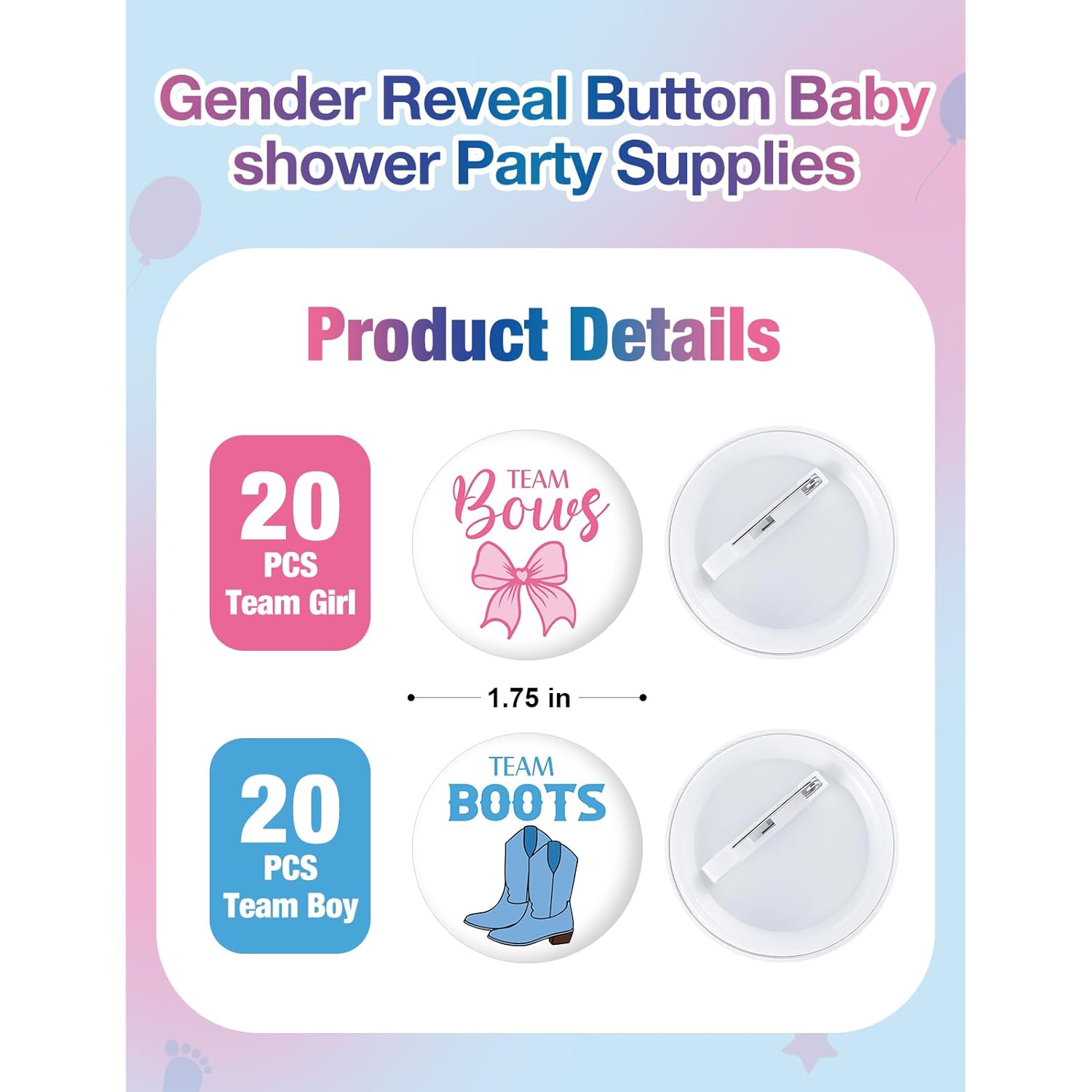 40 Pcs Gender Reveal Button Pins, Funny Team Boots Or Bows Button Pins, Baby Shower Party Baby Clothes Buttons Badges, For Gender Reveal Party Game Supplies