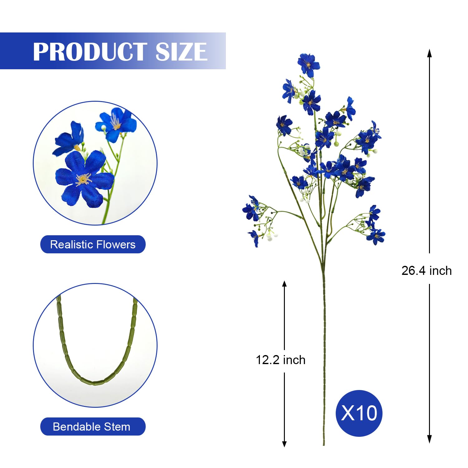 10 Pcs Silk Flowers With Long Stems Artificial Flower For Tall Vase Outdoors Fake Babys Breath Bouquet Faux Floral Wedding Party Decoration Home Indoor Table Centerpiece Decor (Blue)