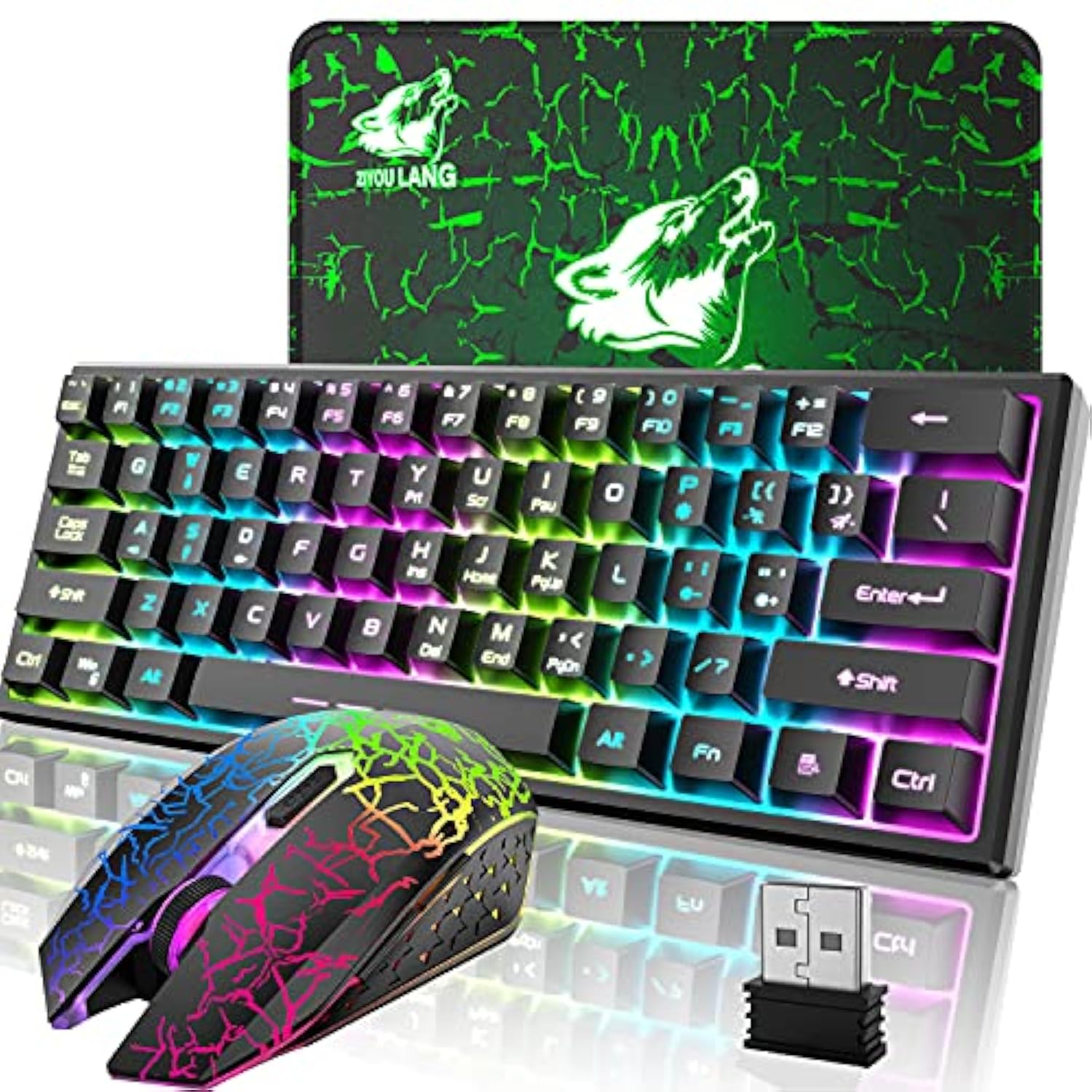Wireless Gaming Keyboard And Mouse Combo,61 Key Rainbow Backlit Keyboard With Rechargeable 4000Mah,Mechanical Feel,Ergonomic,Quiet,Rgb Mute Mice And Mousepad For Ps4,Xbox One,Desktop,Pc