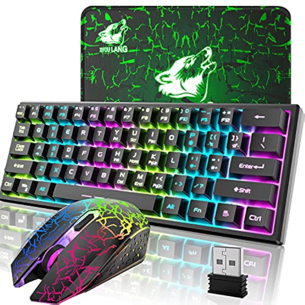 Wireless Gaming Keyboard And Mouse Combo,61 Key Rainbow Backlit Keyboard With Rechargeable 4000Mah,Mechanical Feel,Ergonomic,Quiet,Rgb Mute Mice And Mousepad For Ps4,Xbox One,Desktop,Pc