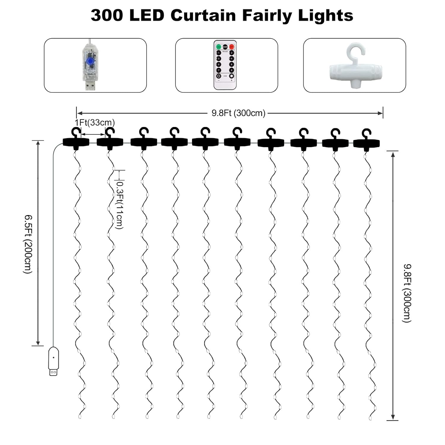 Curtain Lights, 300 Led Fairy Curtain Lights With Remote Timer, Usb Powered Copper Curtain String Lights 9.8Ft X 9.8Ft F